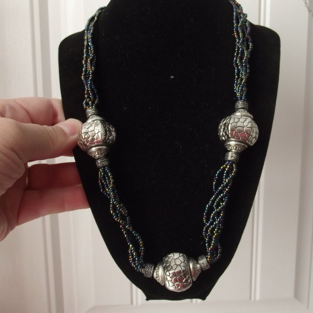 Iridescent Dark Seed Bead & Silver Tone Bead Necklace